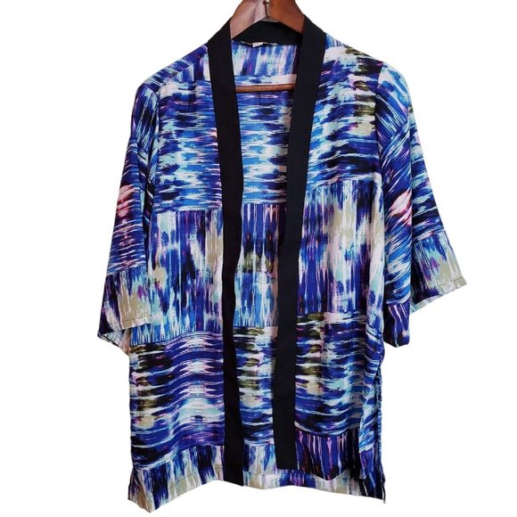 Studio Works Sweaters - Studio Works Womens Painted Print Contrast Black Trim Multicolor Kimono Size M